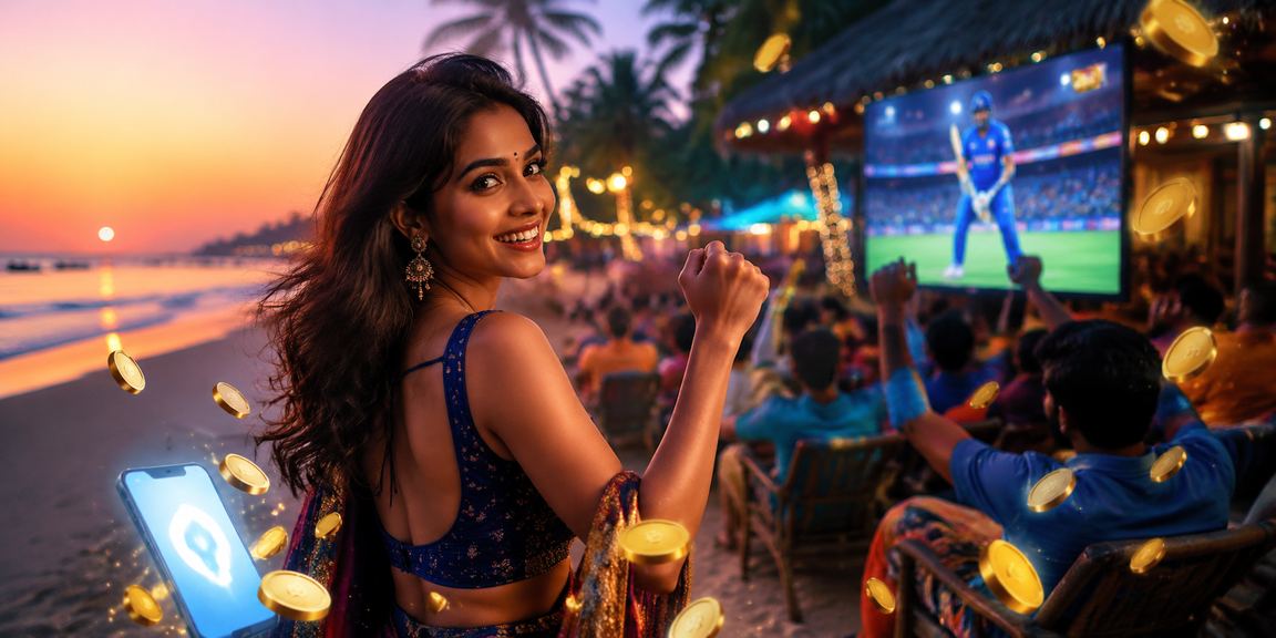 Cricket fan placing bets using smartphone on a beach in Goa