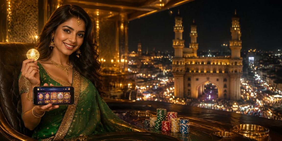 User playing rummy on mobile with backdrop of Hyderabad Charminar